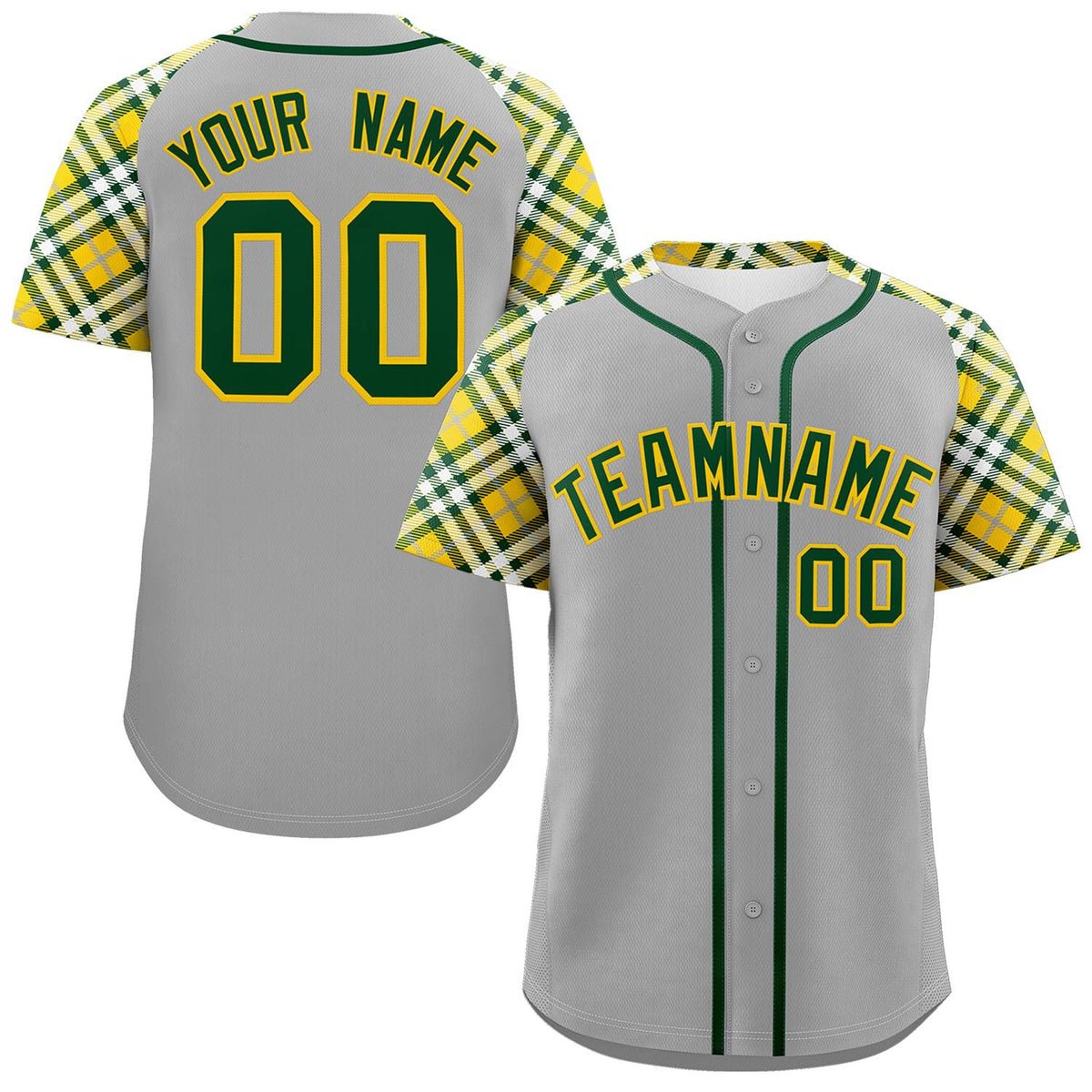 Custom Gray Green-Gold Personalized Raglan Sleeves Authentic Baseball Jersey | KXKSHOP