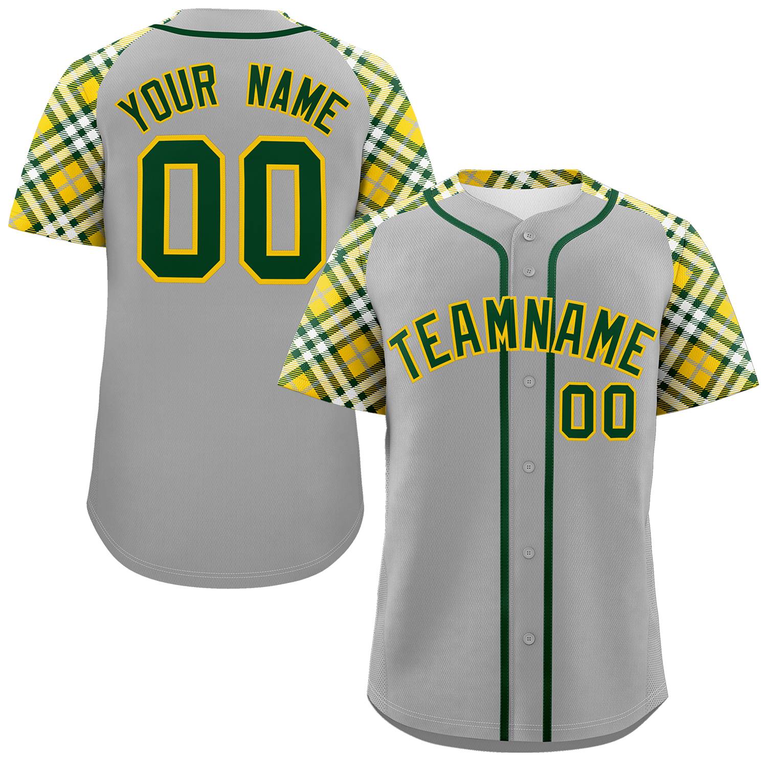 Custom Gray Green-Gold Personalized Raglan Sleeves Authentic Baseball Jersey | KXKSHOP