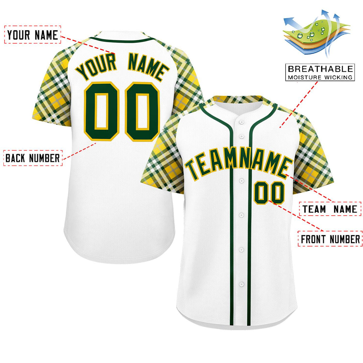 Custom White Green-Gold Personalized Raglan Sleeves Authentic Baseball Jersey | KXKSHOP