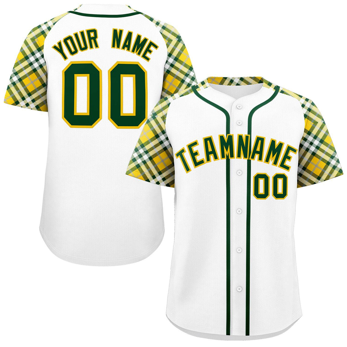 Custom White Green-Gold Personalized Raglan Sleeves Authentic Baseball Jersey | KXKSHOP