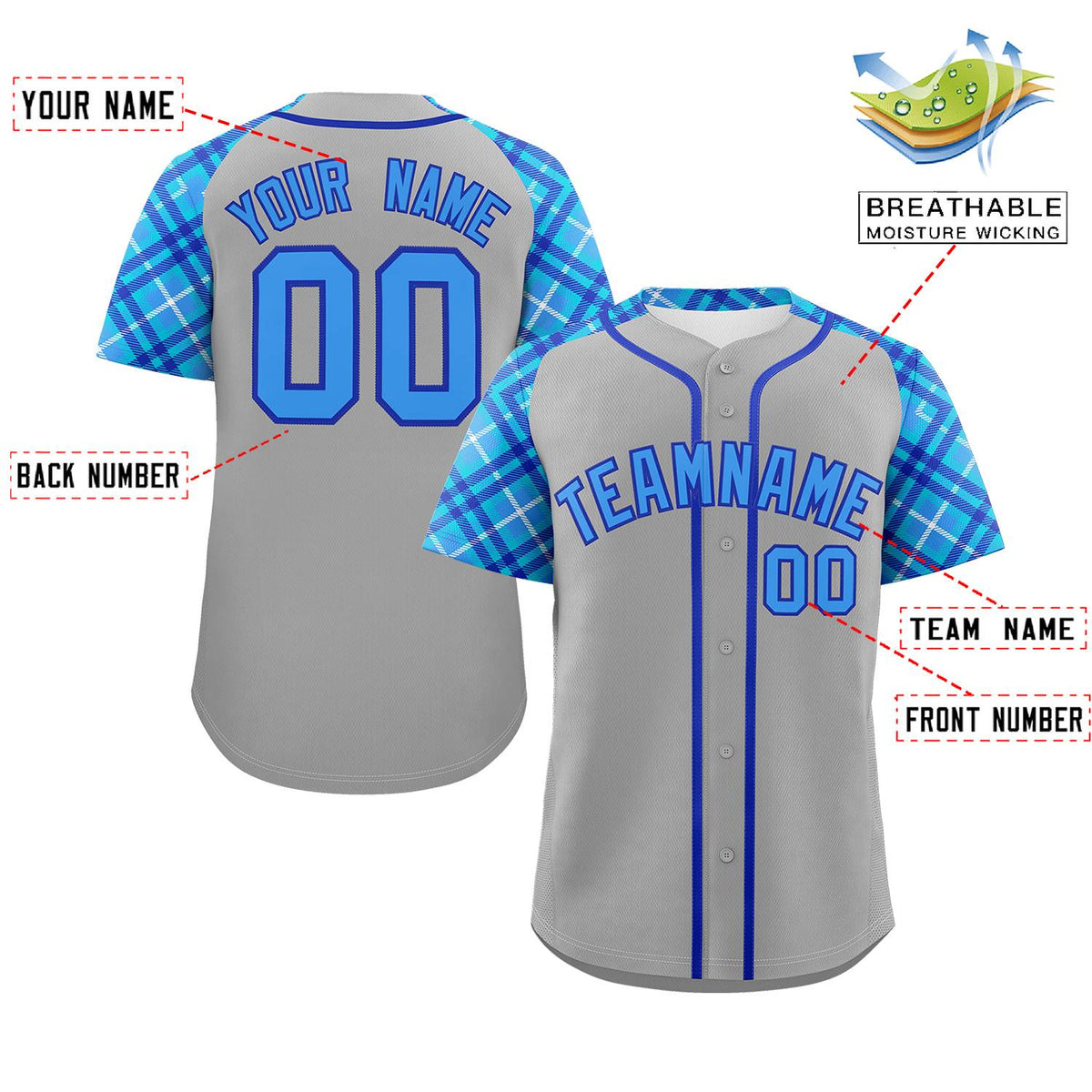 Custom Gray Powder Blue-Royal Personalized Raglan Sleeves Authentic Baseball Jersey | KXKSHOP