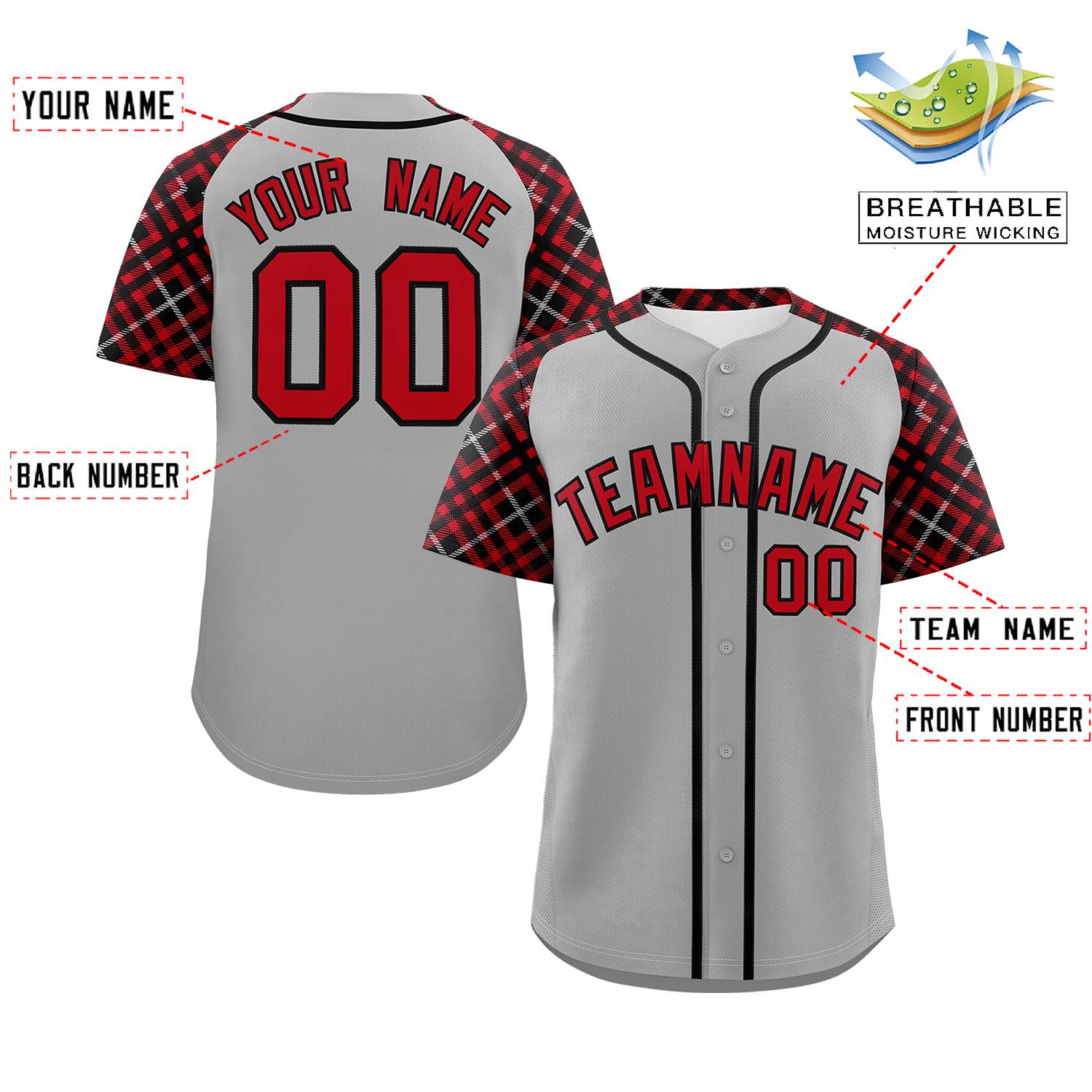 Custom Gray Red-Black Personalized Raglan Sleeves Authentic Baseball Jersey | KXKSHOP