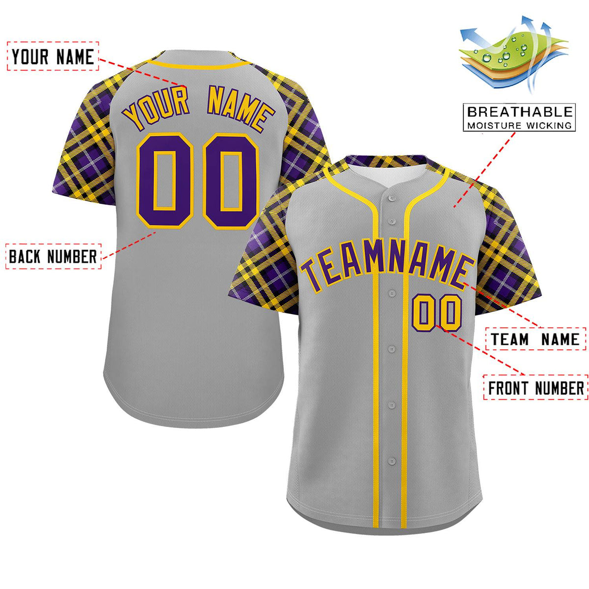Custom Gray Purple-Gold Personalized Raglan Sleeves Authentic Baseball Jersey | KXKSHOP