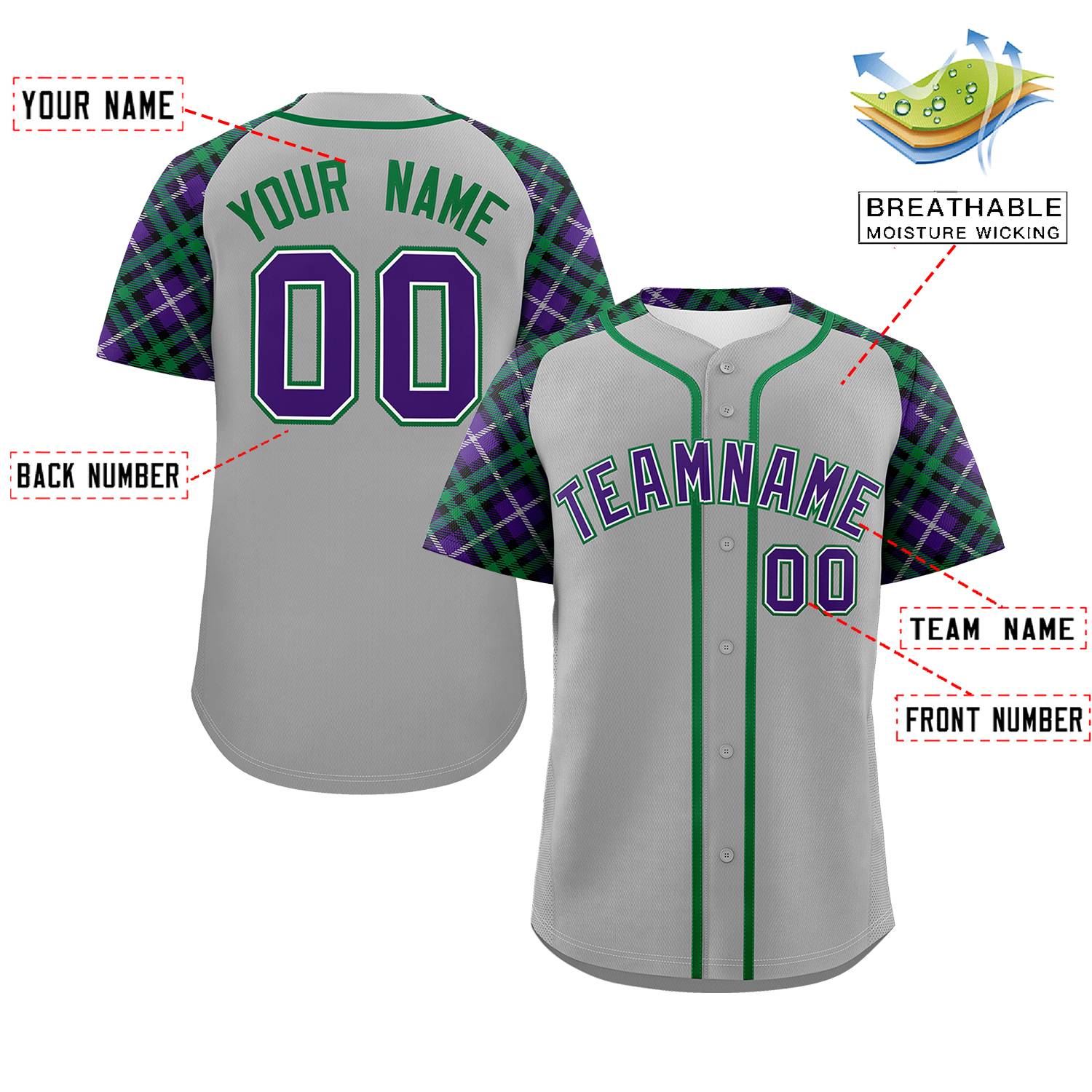 Custom Gray Purple-Kelly Green Personalized Raglan Sleeves Authentic Baseball Jersey | KXKSHOP