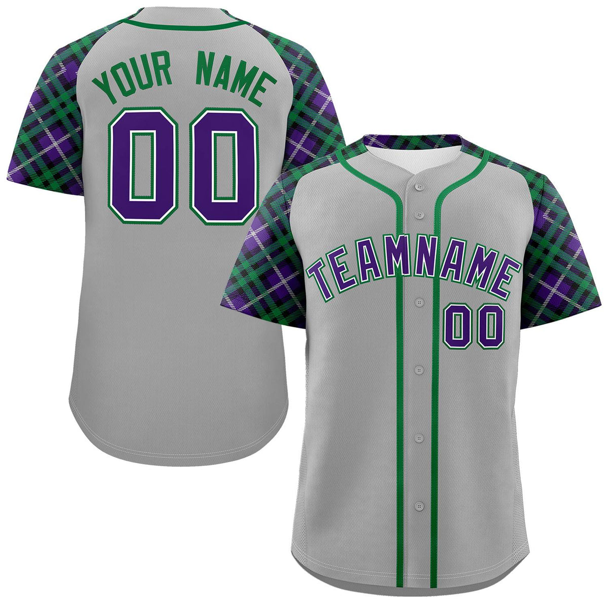 Custom Gray Purple-Kelly Green Personalized Raglan Sleeves Authentic Baseball Jersey | KXKSHOP