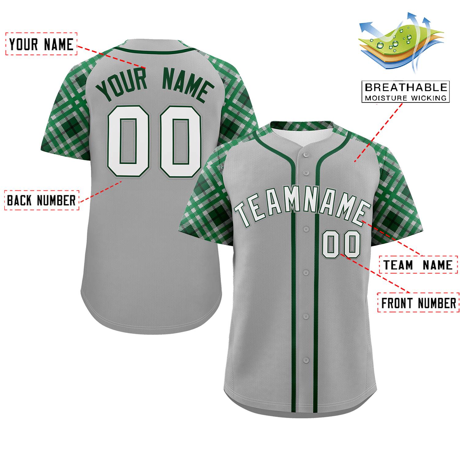 Custom Gray White-Kelly Green Personalized Raglan Sleeves Authentic Baseball Jersey | KXKSHOP