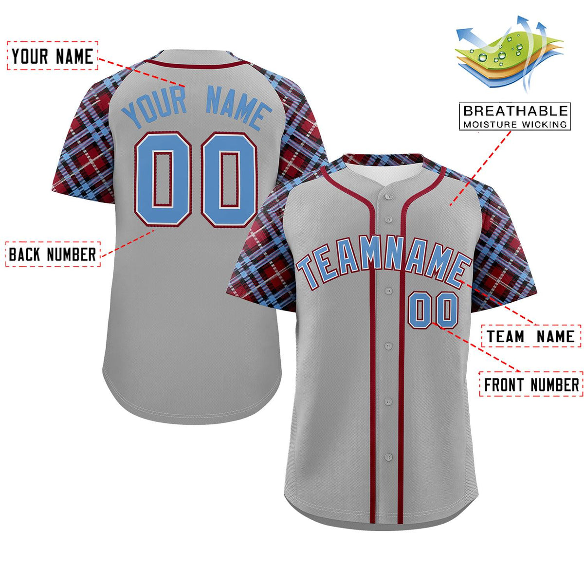 Custom Gray Light Blue-Crimson Personalized Raglan Sleeves Authentic Baseball Jersey | KXKSHOP