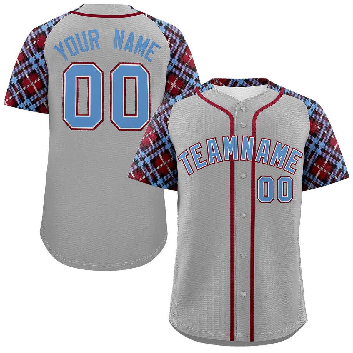Custom Gray Light Blue-Crimson Personalized Raglan Sleeves Authentic Baseball Jersey | KXKSHOP