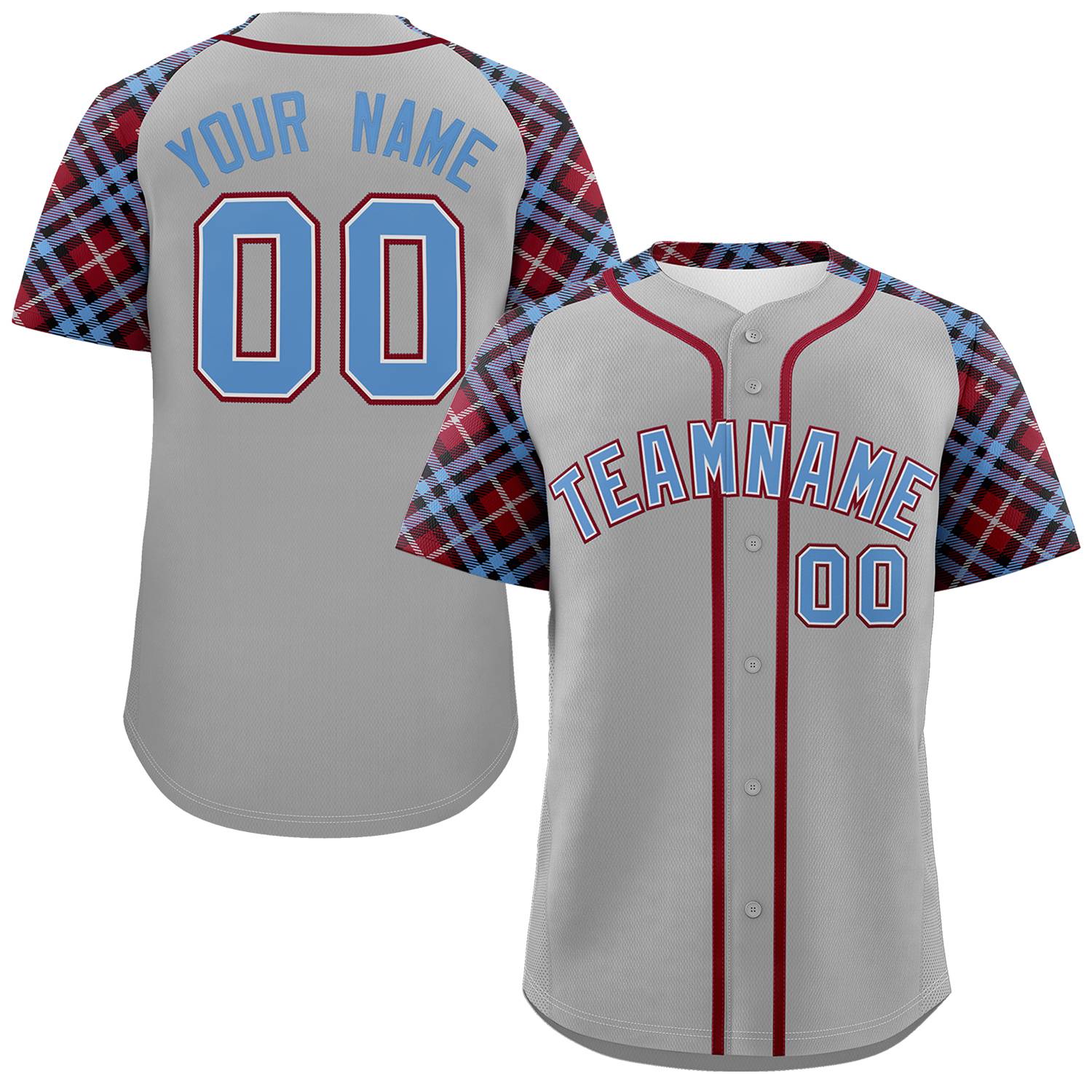 Custom Gray Light Blue-Crimson Personalized Raglan Sleeves Authentic Baseball Jersey | KXKSHOP