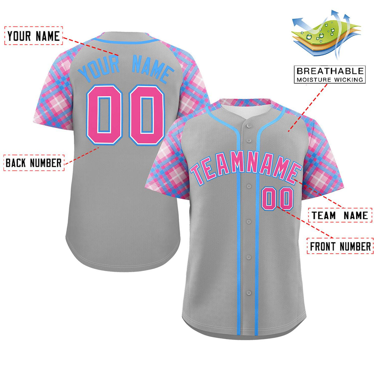Custom Gray Pink-Light Blue Personalized Raglan Sleeves Authentic Baseball Jersey | KXKSHOP