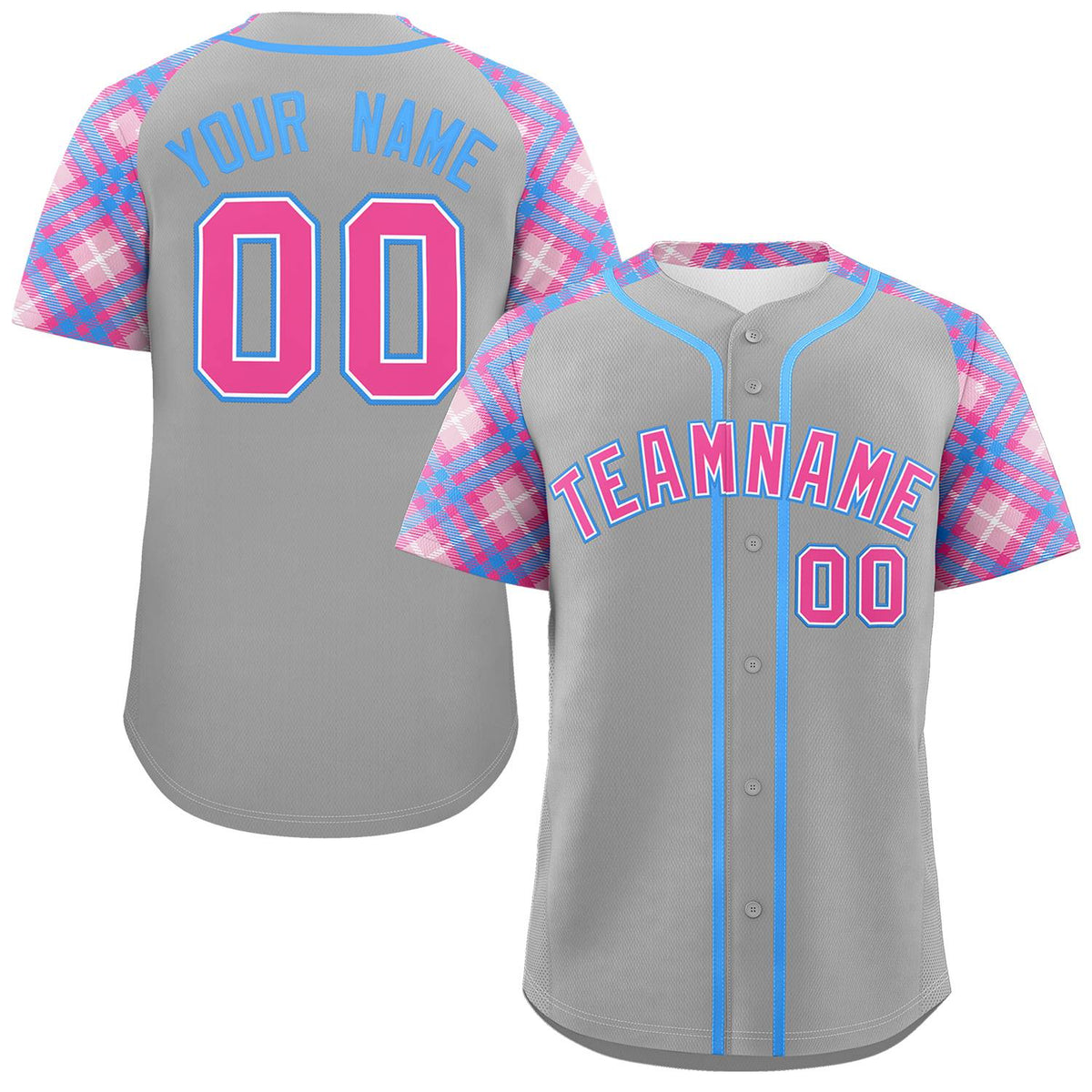 Custom Gray Pink-Light Blue Personalized Raglan Sleeves Authentic Baseball Jersey | KXKSHOP
