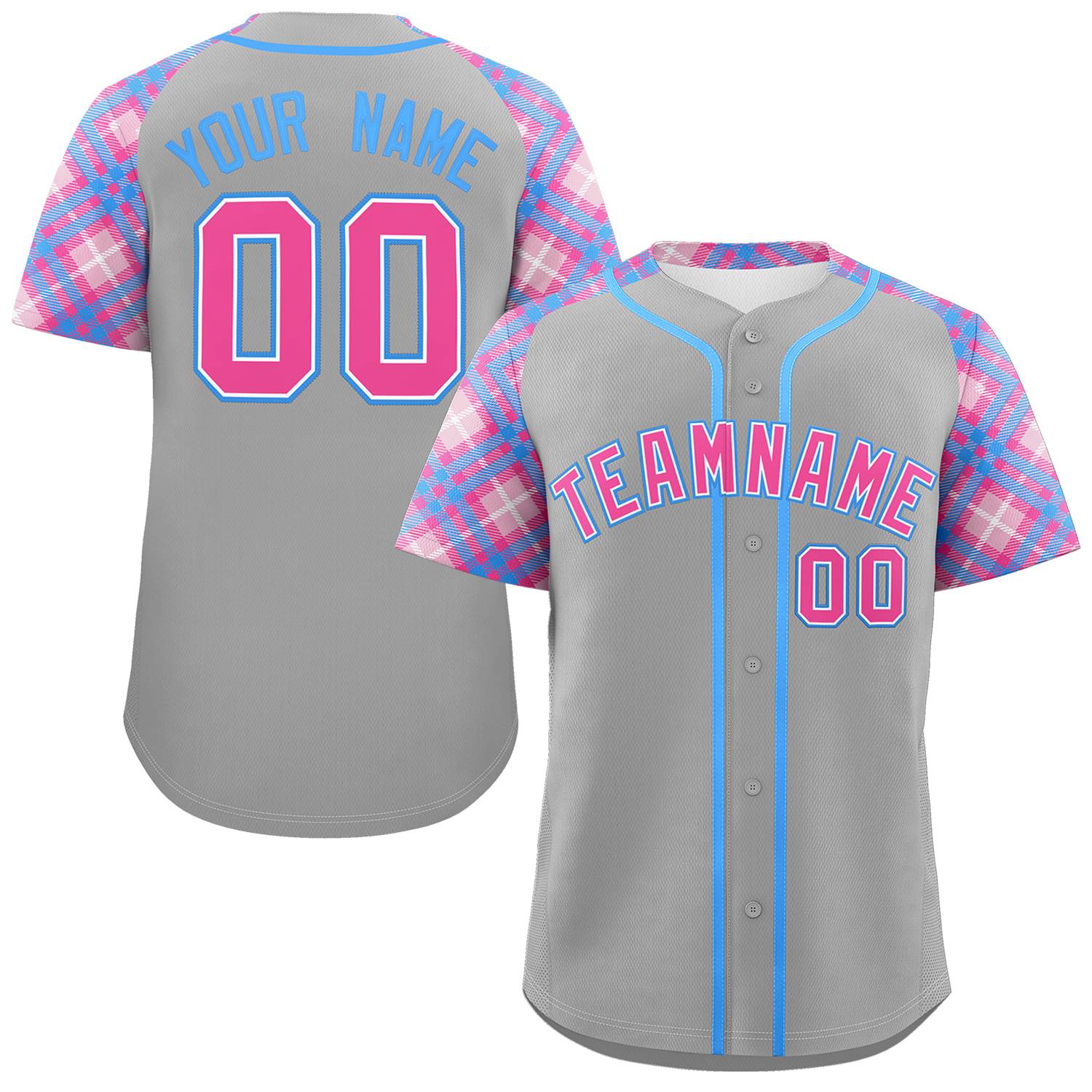 Custom Gray Pink-Light Blue Personalized Raglan Sleeves Authentic Baseball Jersey | KXKSHOP