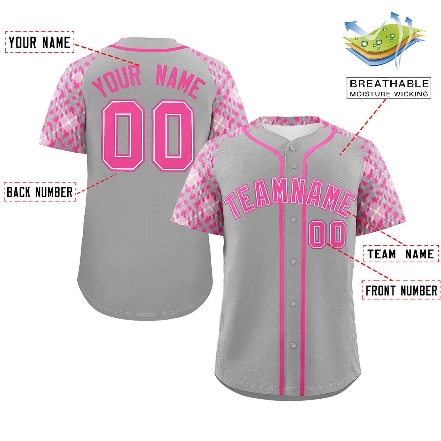Custom Gray Pink- Personalized Raglan Sleeves Authentic Baseball Jersey | KXKSHOP