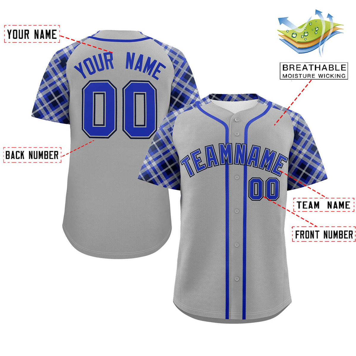Custom Gray Royal-Navy Personalized Raglan Sleeves Authentic Baseball Jersey | KXKSHOP