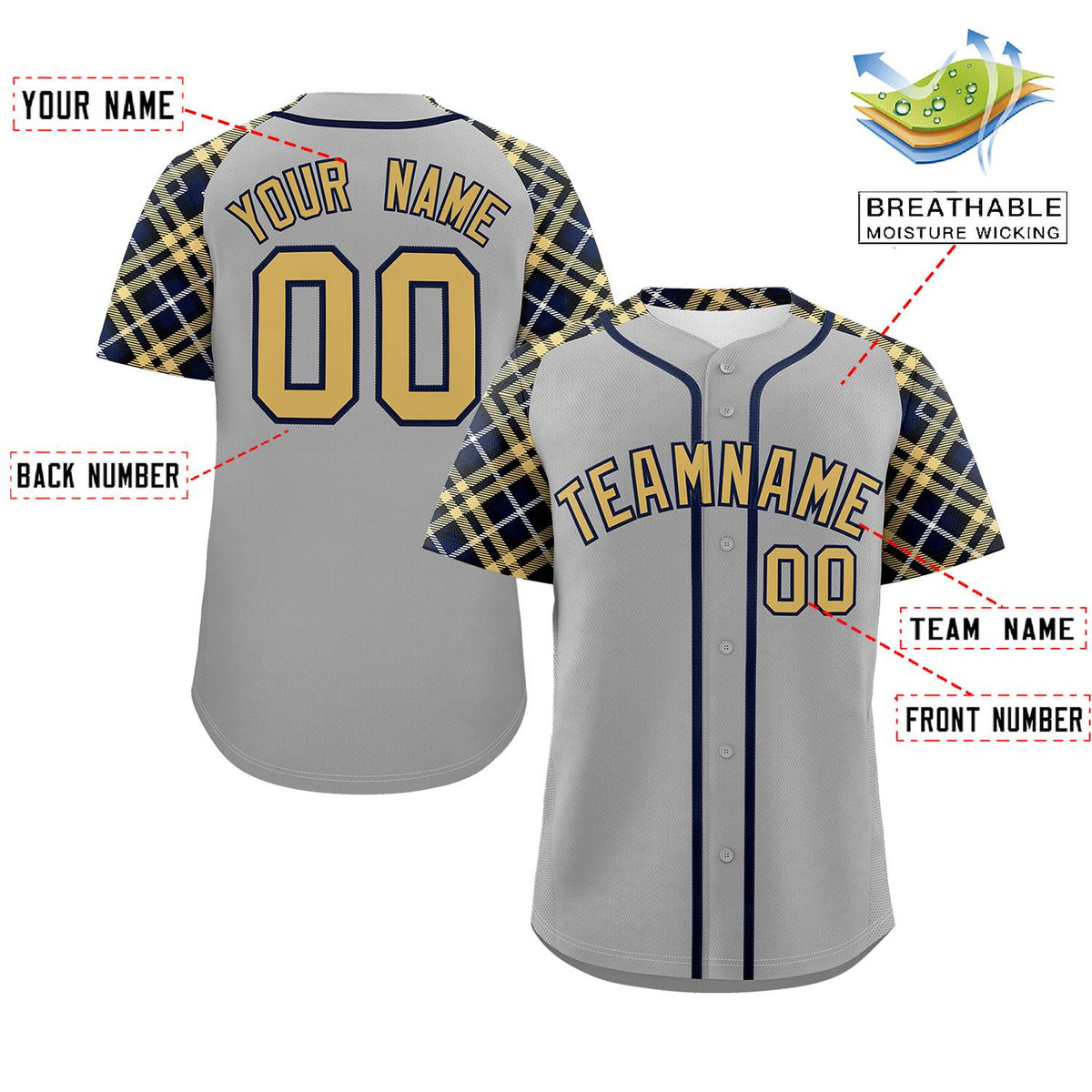 Custom Gray Old Gold-Navy Personalized Raglan Sleeves Authentic Baseball Jersey | KXKSHOP