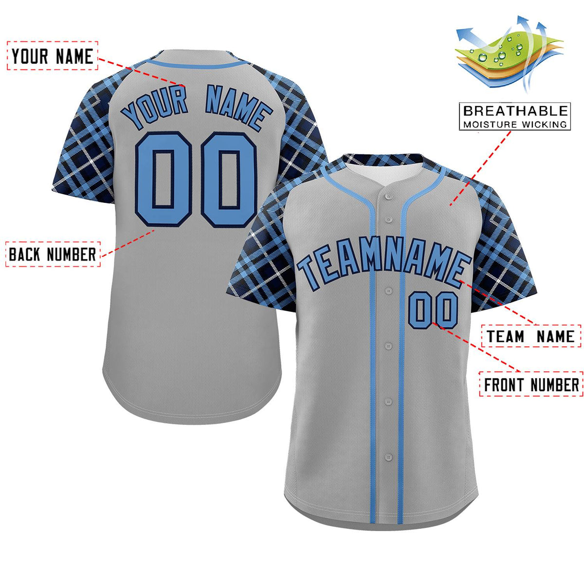 Custom Gray Light Blue-Navy Personalized Raglan Sleeves Authentic Baseball Jersey | KXKSHOP
