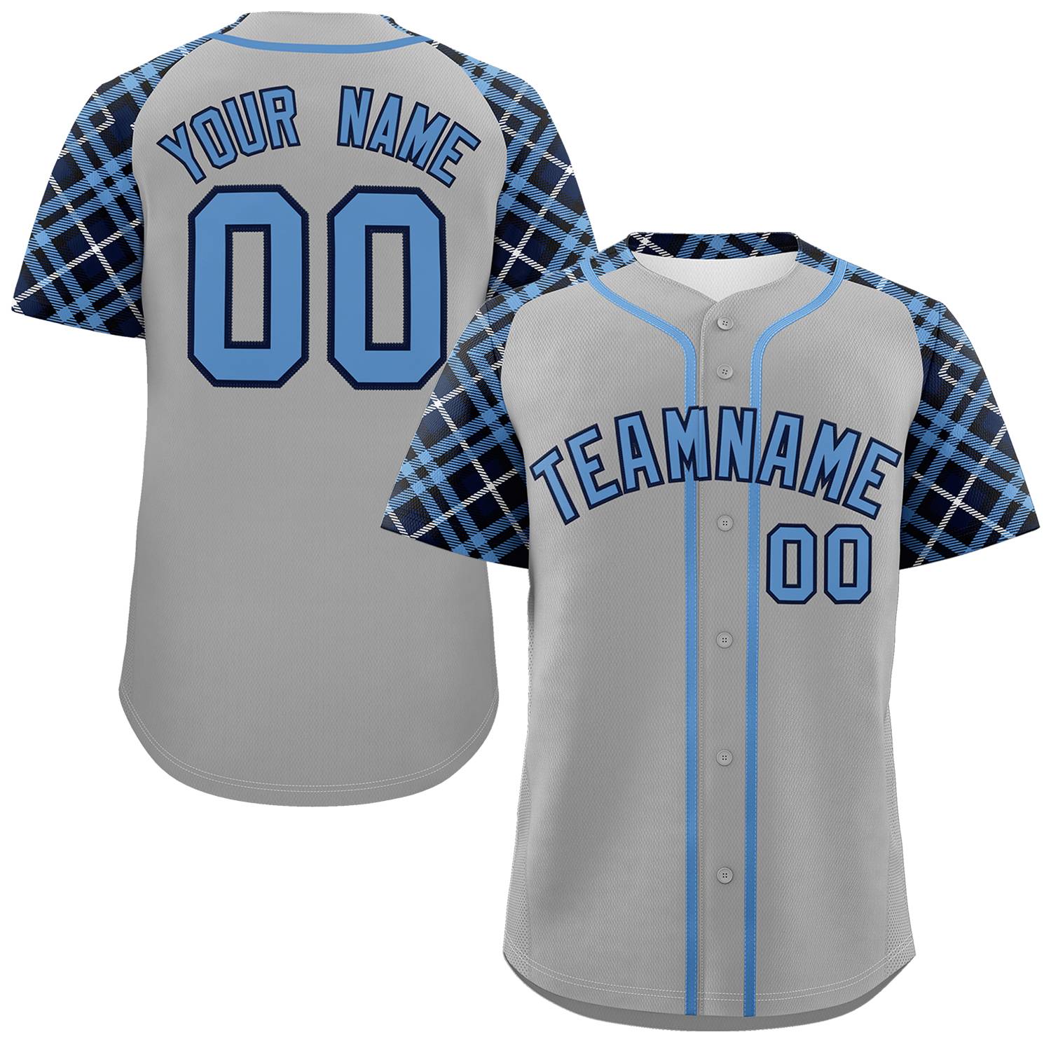 Custom Gray Light Blue-Navy Personalized Raglan Sleeves Authentic Baseball Jersey | KXKSHOP
