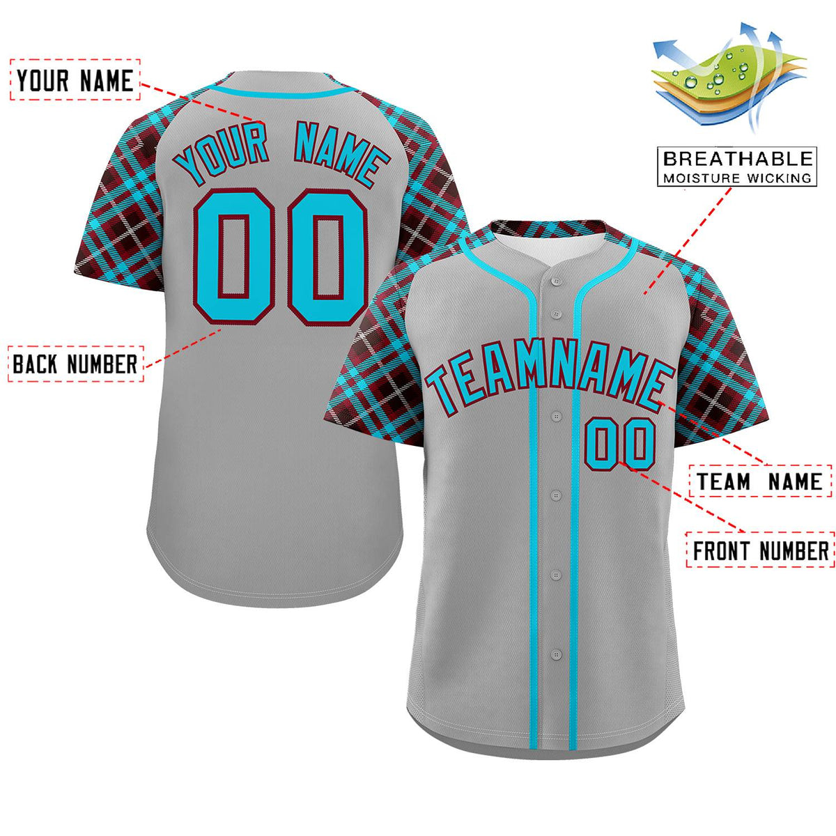 Custom Gray Sky Blue-Crimson Personalized Raglan Sleeves Authentic Baseball Jersey | KXKSHOP