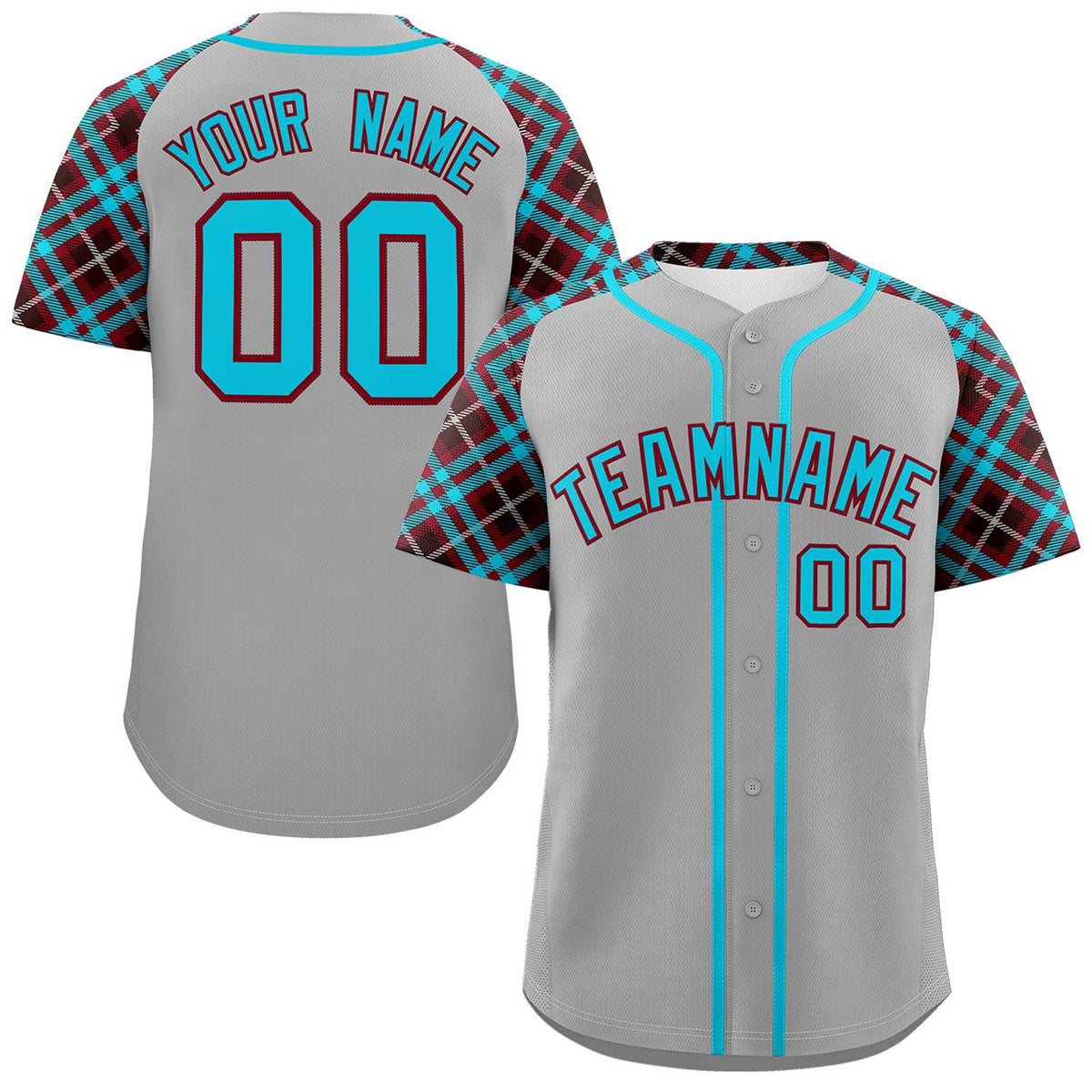 Custom Gray Sky Blue-Crimson Personalized Raglan Sleeves Authentic Baseball Jersey | KXKSHOP