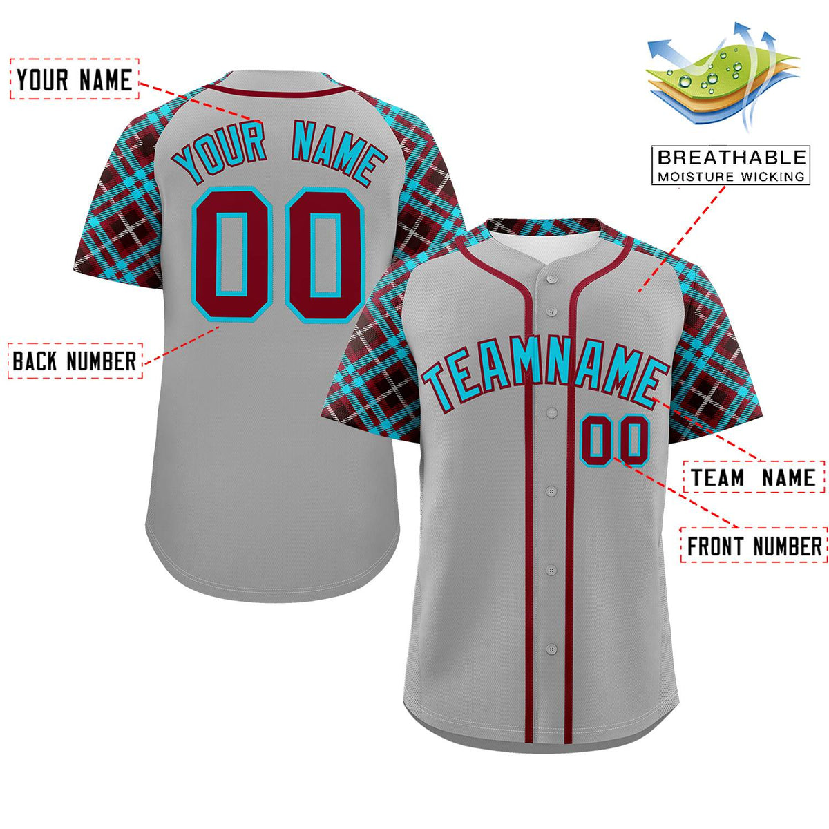 Custom Gray Sky Blue-Crimson Personalized Raglan Sleeves Authentic Baseball Jersey | KXKSHOP