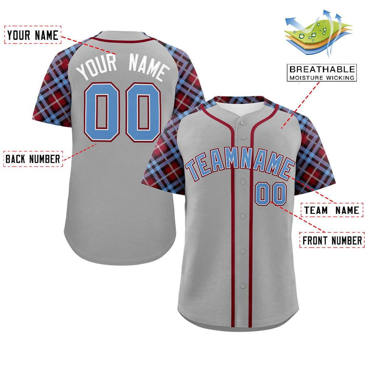Custom Gray Light Blue-Crimson Personalized Raglan Sleeves Authentic Baseball Jersey | KXKSHOP