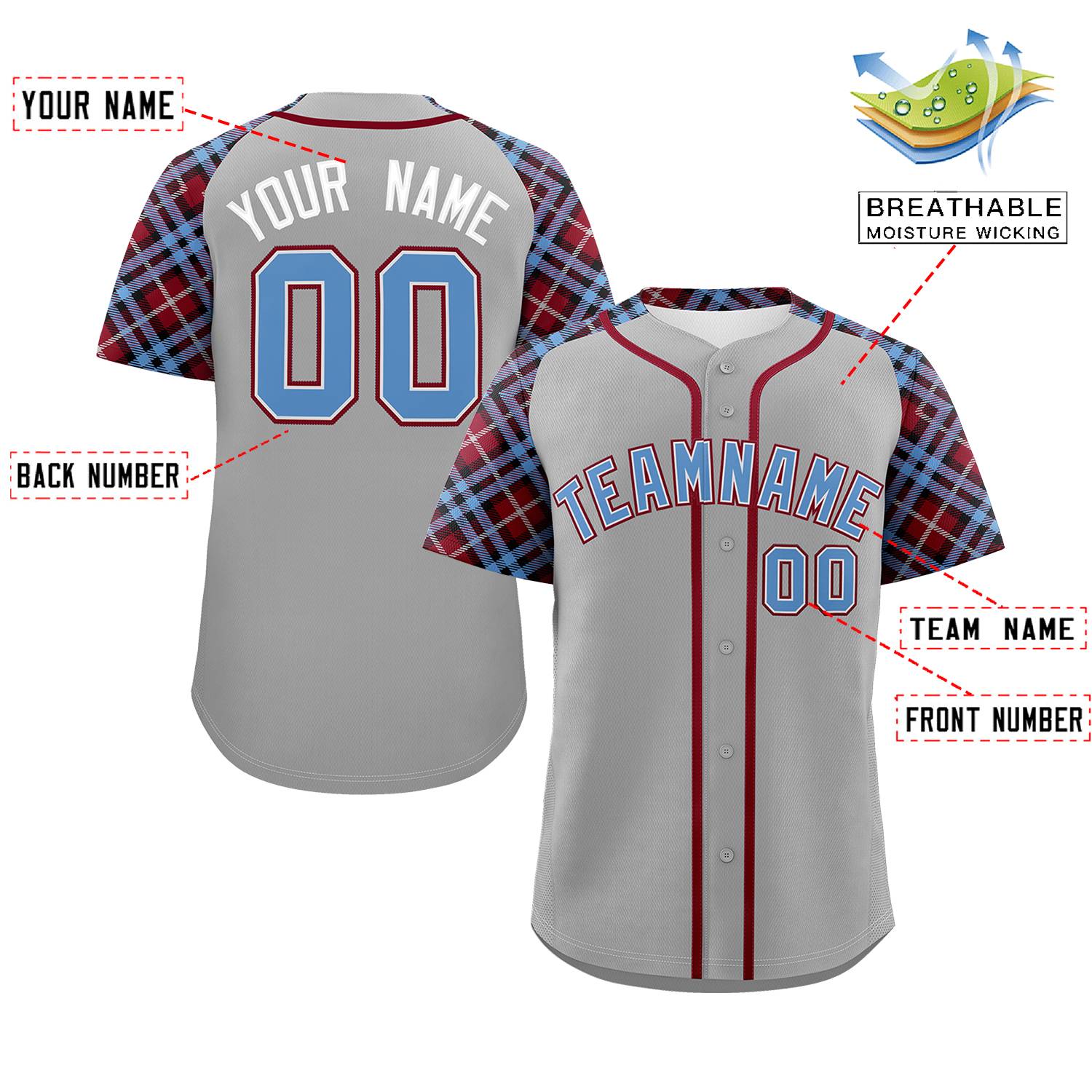 Custom Gray Light Blue-Crimson Personalized Raglan Sleeves Authentic Baseball Jersey | KXKSHOP