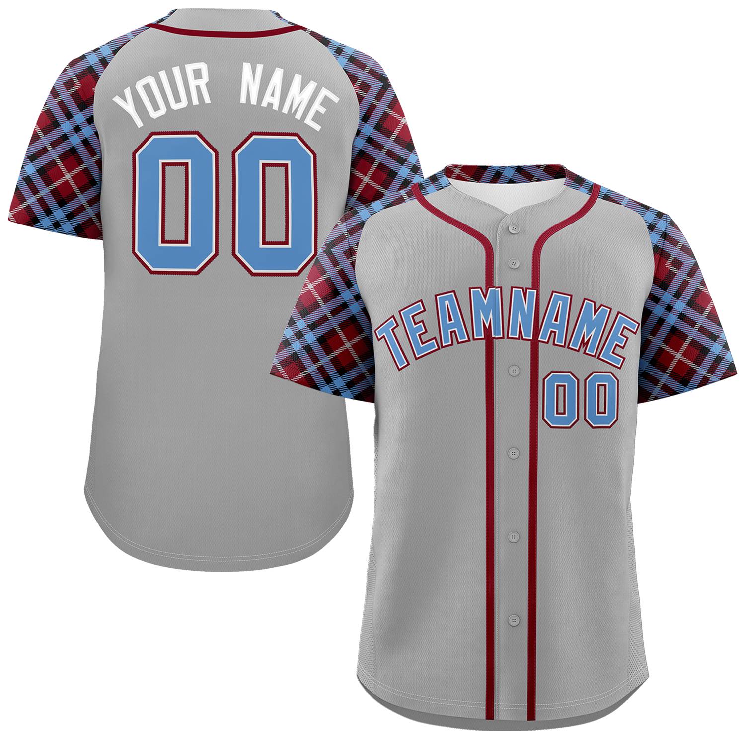 Custom Gray Light Blue-Crimson Personalized Raglan Sleeves Authentic Baseball Jersey | KXKSHOP