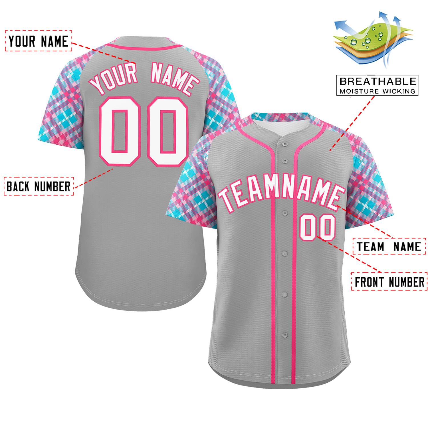 Custom Gray White-Pink Personalized Raglan Sleeves Authentic Baseball Jersey | KXKSHOP