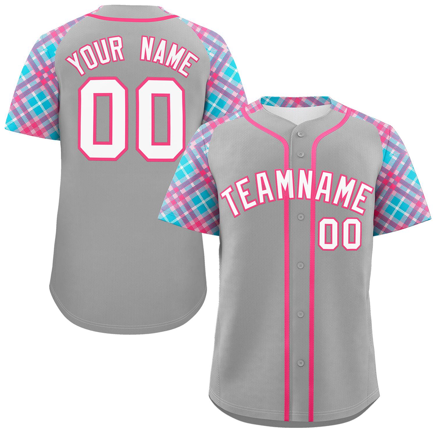 Custom Gray White-Pink Personalized Raglan Sleeves Authentic Baseball Jersey | KXKSHOP