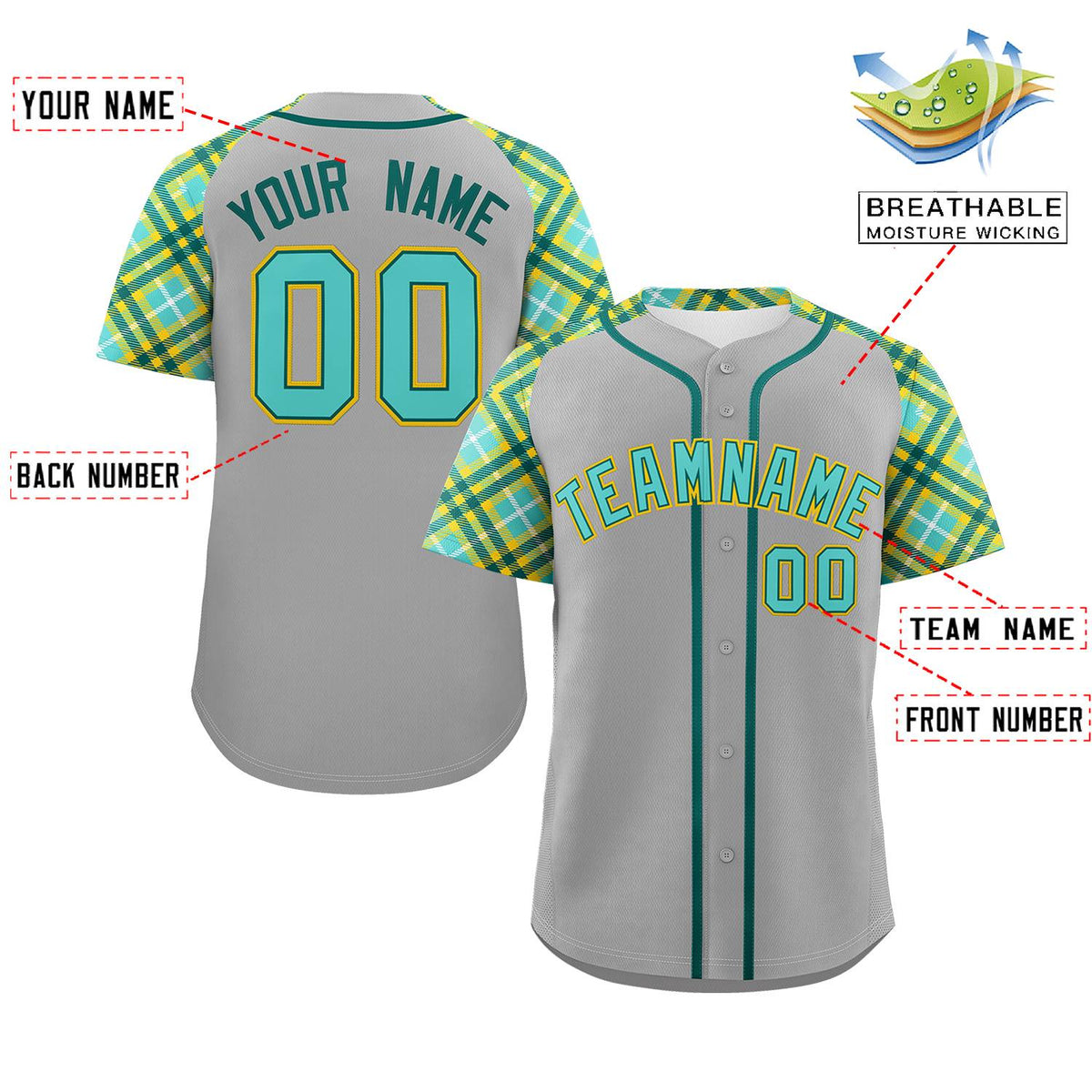 Custom Gray Green-Gold Personalized Raglan Sleeves Authentic Baseball Jersey | KXKSHOP