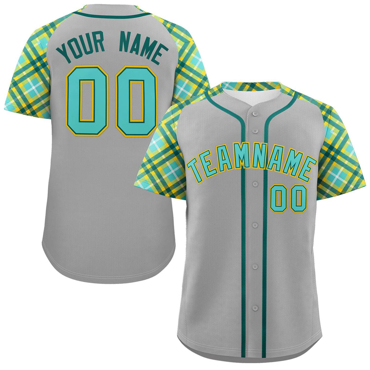 Custom Gray Green-Gold Personalized Raglan Sleeves Authentic Baseball Jersey | KXKSHOP