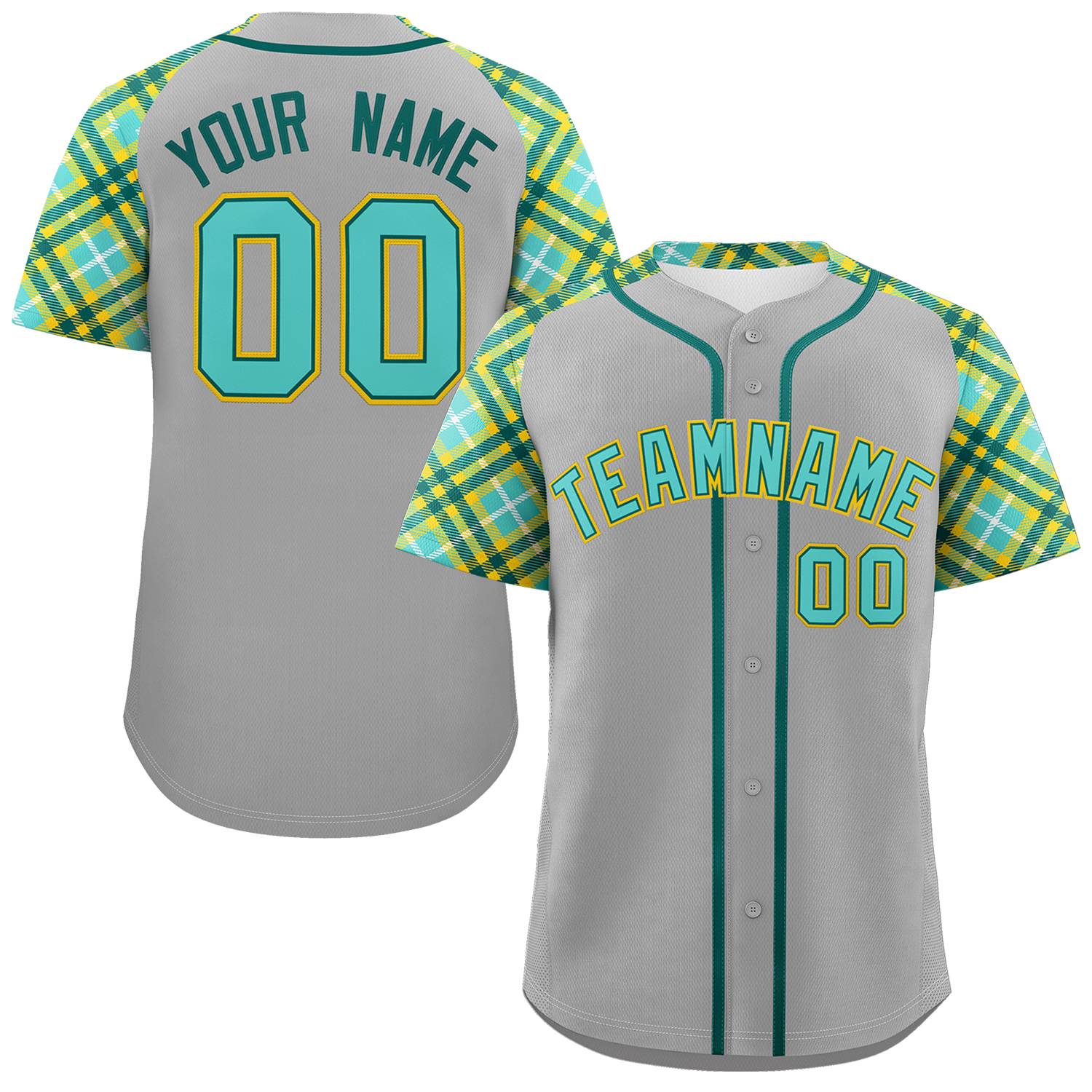 Custom Gray Green-Gold Personalized Raglan Sleeves Authentic Baseball Jersey | KXKSHOP
