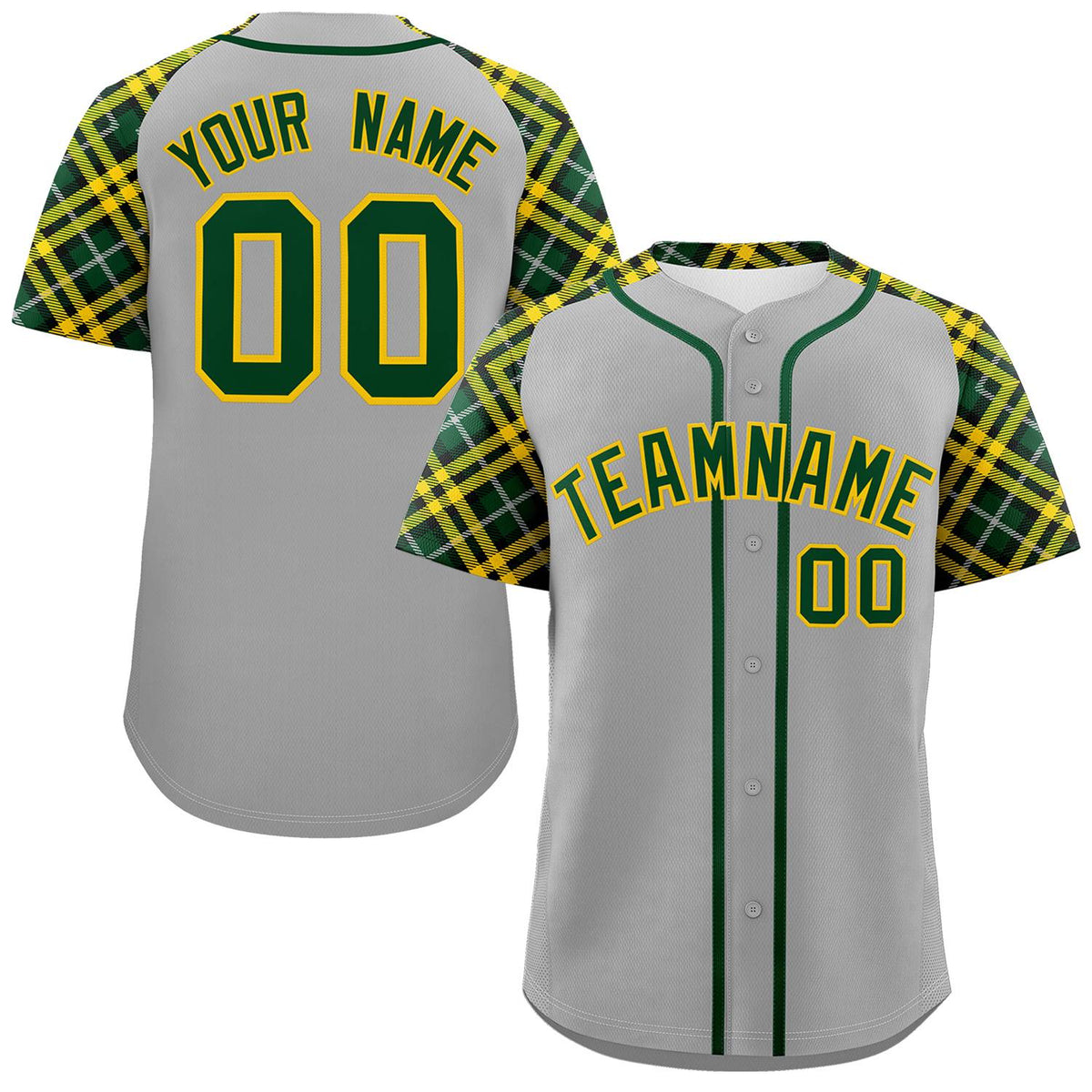 Custom Gray Green-Gold Personalized Raglan Sleeves Authentic Baseball Jersey | KXKSHOP