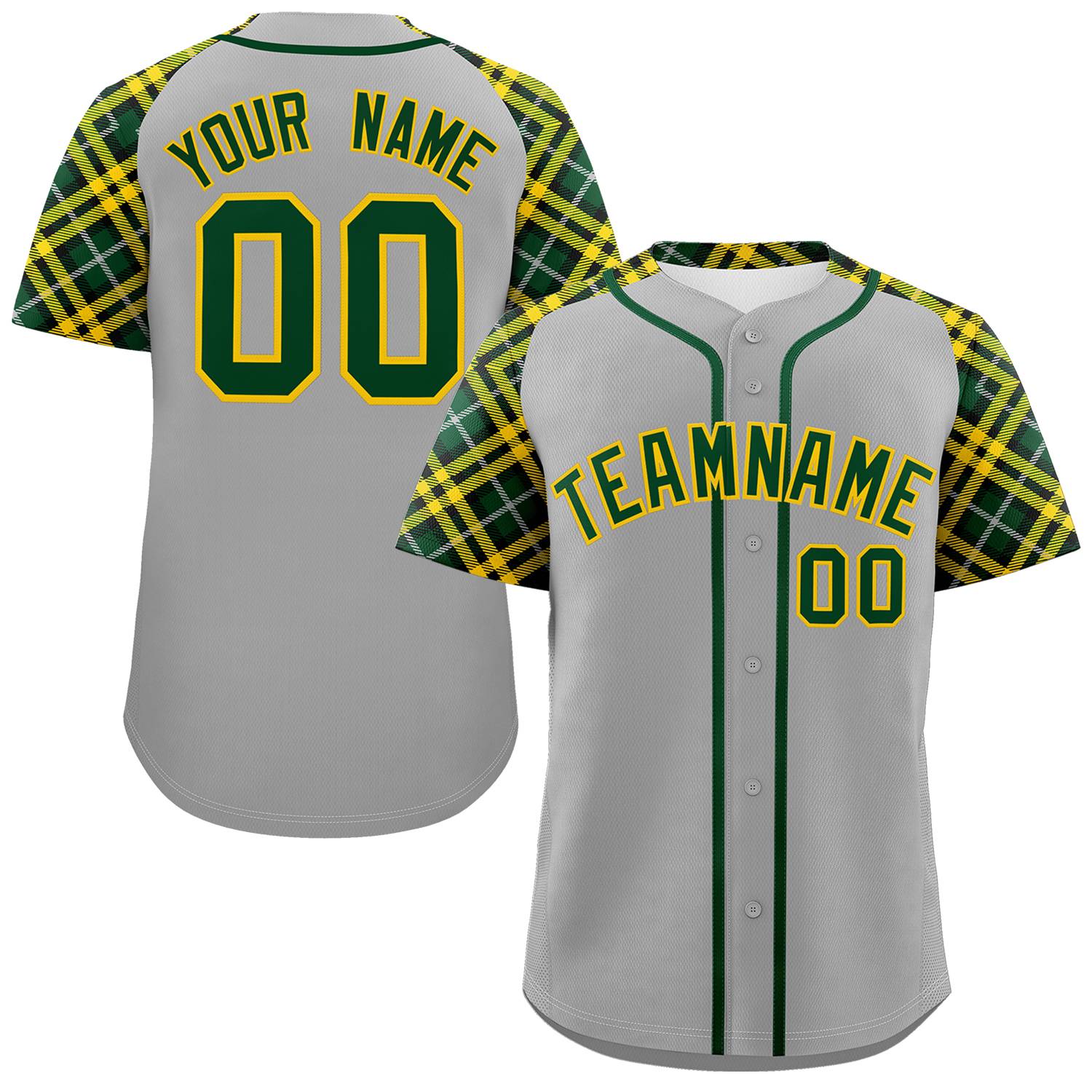 Custom Gray Green-Gold Personalized Raglan Sleeves Authentic Baseball Jersey | KXKSHOP