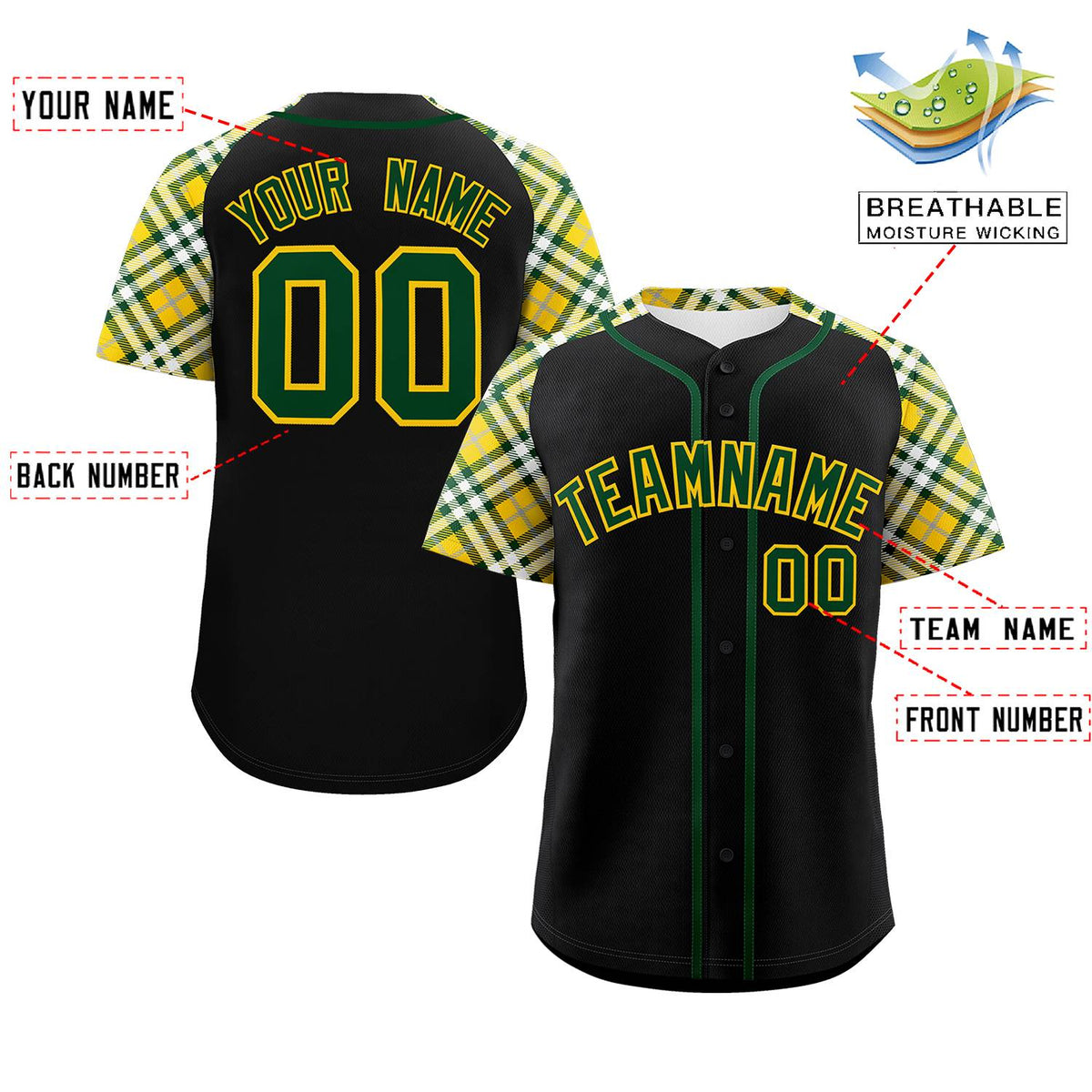 Custom Black Green-Gold Personalized Raglan Sleeves Authentic Baseball Jersey | KXKSHOP