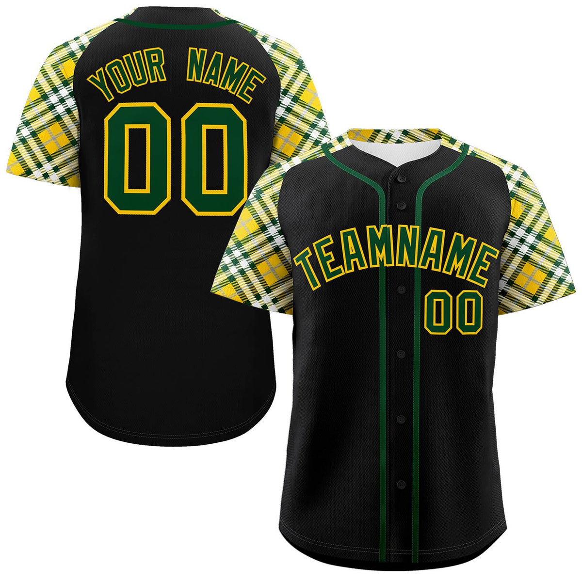 Custom Black Green-Gold Personalized Raglan Sleeves Authentic Baseball Jersey | KXKSHOP