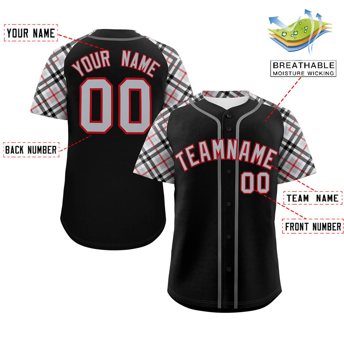 Custom Black Gray-Red Personalized Raglan Sleeves Authentic Baseball Jersey | KXKSHOP