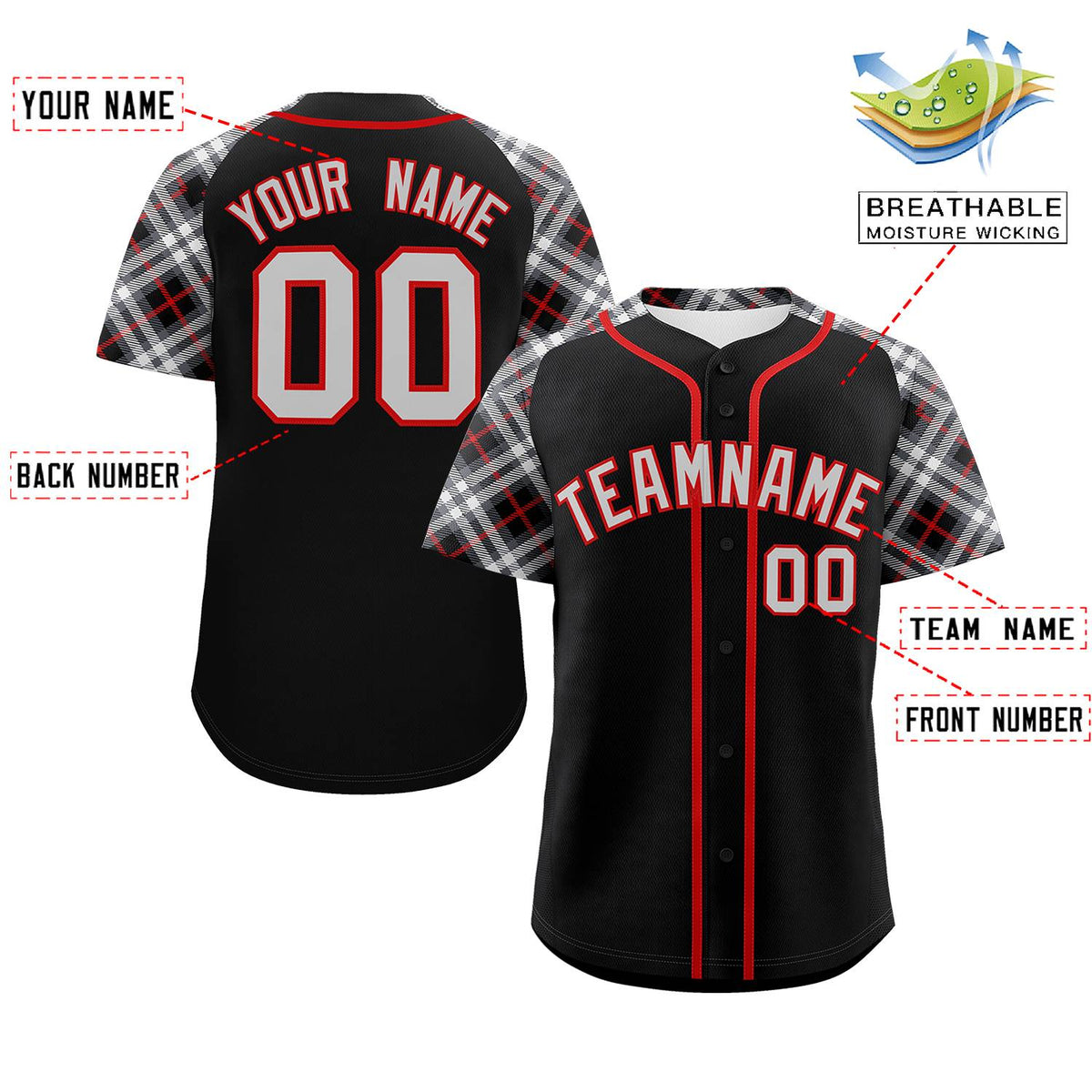 Custom Black Gray-Red Personalized Raglan Sleeves Authentic Baseball Jersey | KXKSHOP