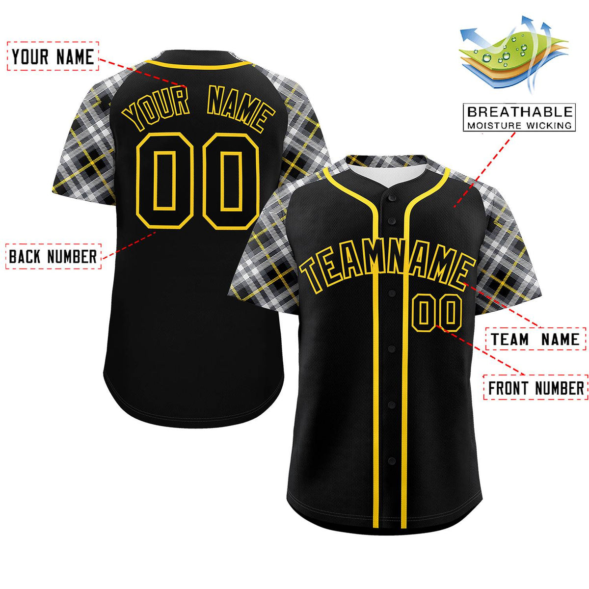 Custom Black Black-Gold Personalized Raglan Sleeves Authentic Baseball Jersey | KXKSHOP