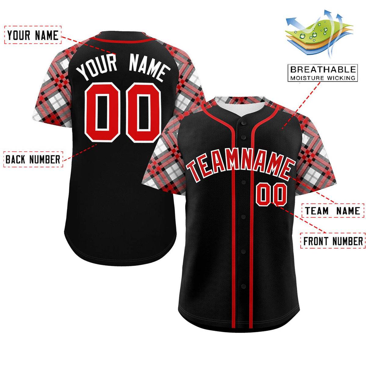 Custom Black Red-White Personalized Raglan Sleeves Authentic Baseball Jersey | KXKSHOP