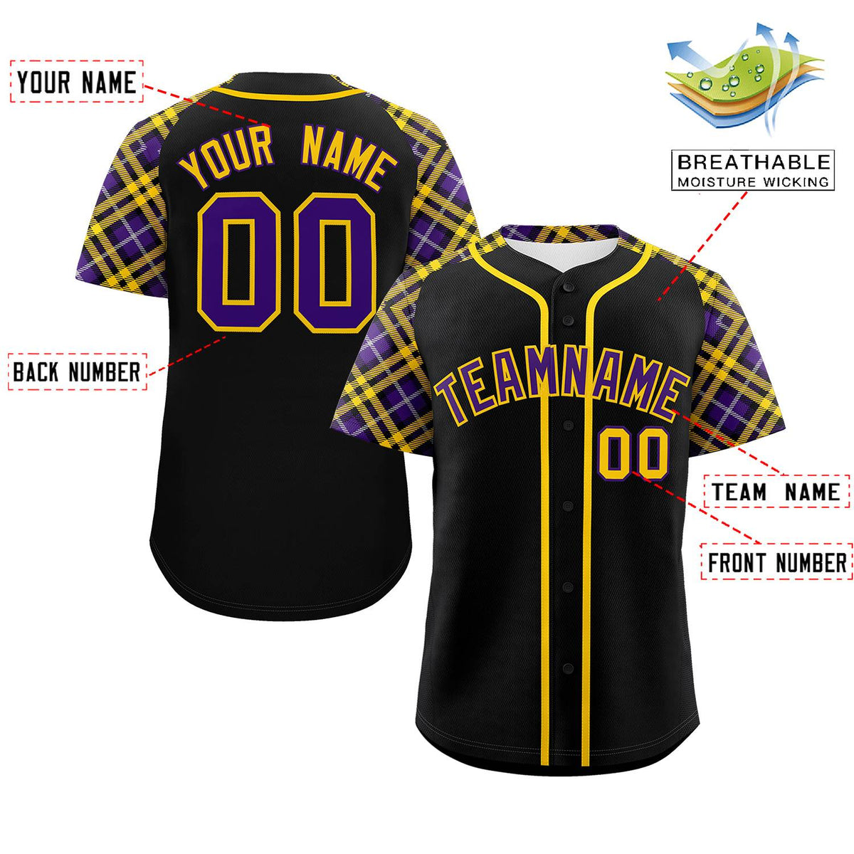 Custom Black Purple-Gold Personalized Raglan Sleeves Authentic Baseball Jersey | KXKSHOP