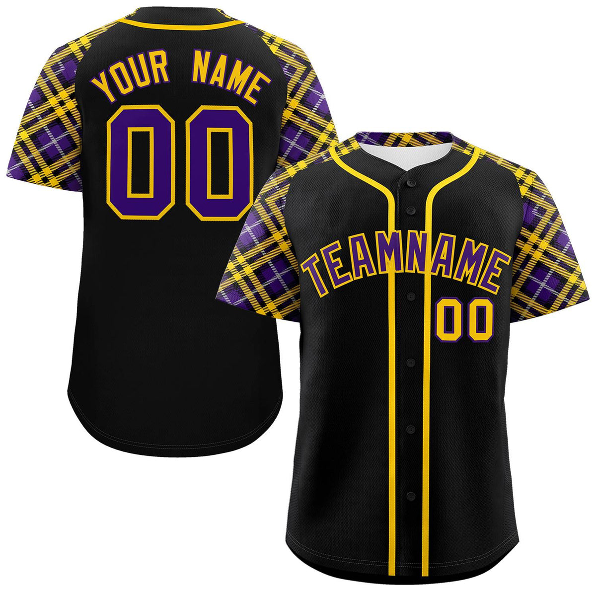 Custom Black Purple-Gold Personalized Raglan Sleeves Authentic Baseball Jersey | KXKSHOP