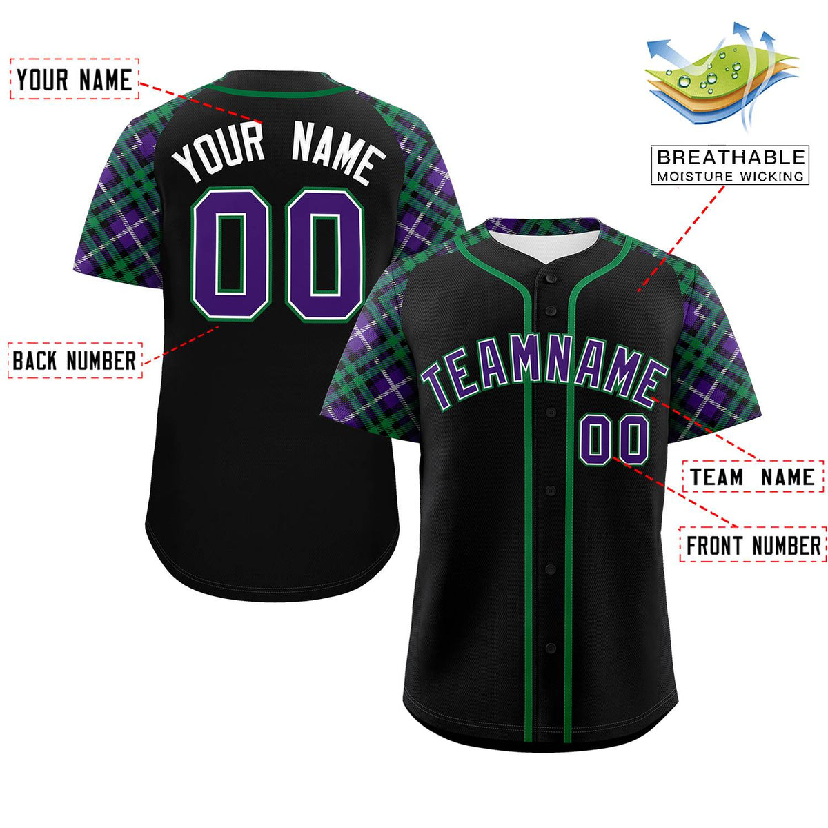 Custom Black Purple-Teal Personalized Raglan Sleeves Authentic Baseball Jersey | KXKSHOP