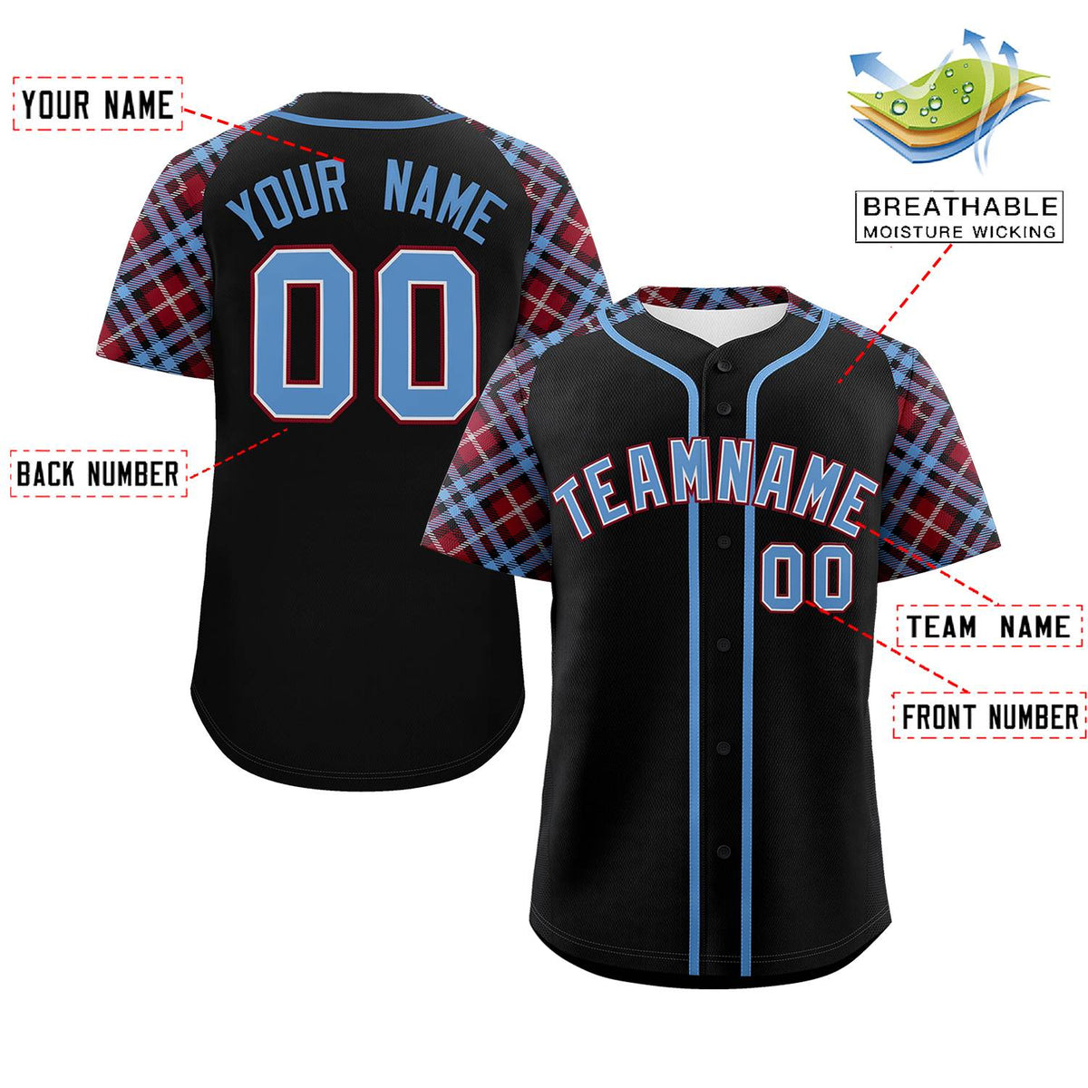 Custom Black Light Blue-Crimson Personalized Raglan Sleeves Authentic Baseball Jersey | KXKSHOP