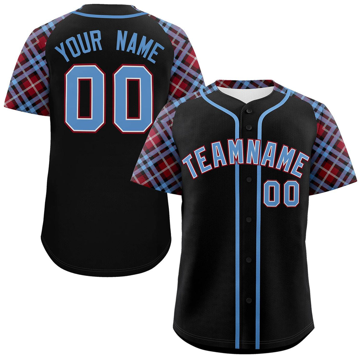 Custom Black Light Blue-Crimson Personalized Raglan Sleeves Authentic Baseball Jersey | KXKSHOP