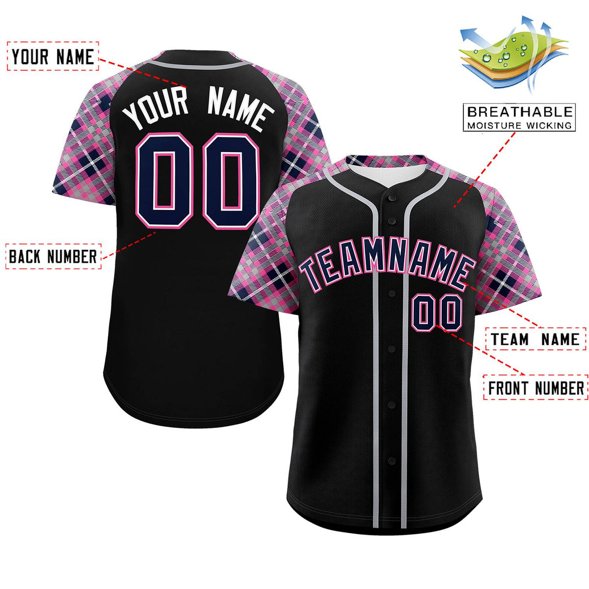 Custom Black Navy-Pink Personalized Raglan Sleeves Authentic Baseball Jersey | KXKSHOP
