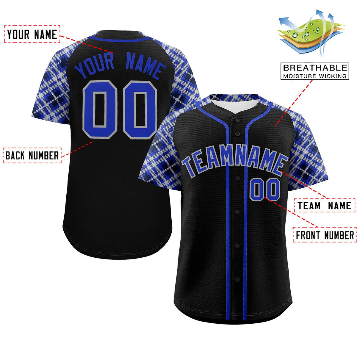 Custom Black Royal-Light Gray Personalized Raglan Sleeves Authentic Baseball Jersey | KXKSHOP