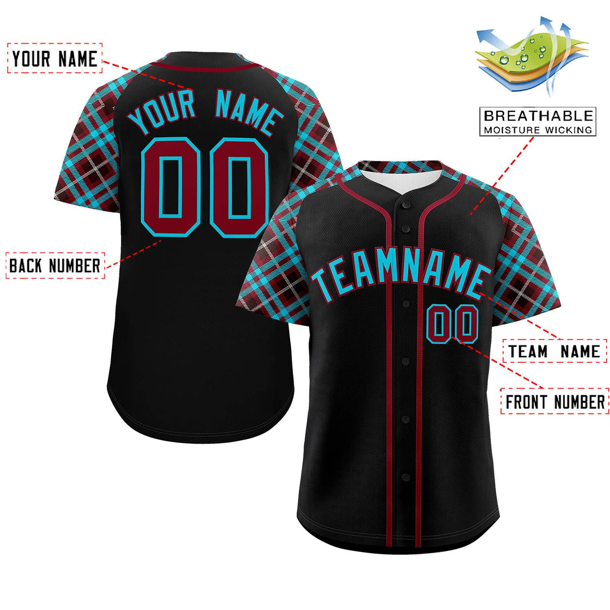 Custom Black Sky Blue-Crimson Personalized Raglan Sleeves Authentic Baseball Jersey | KXKSHOP