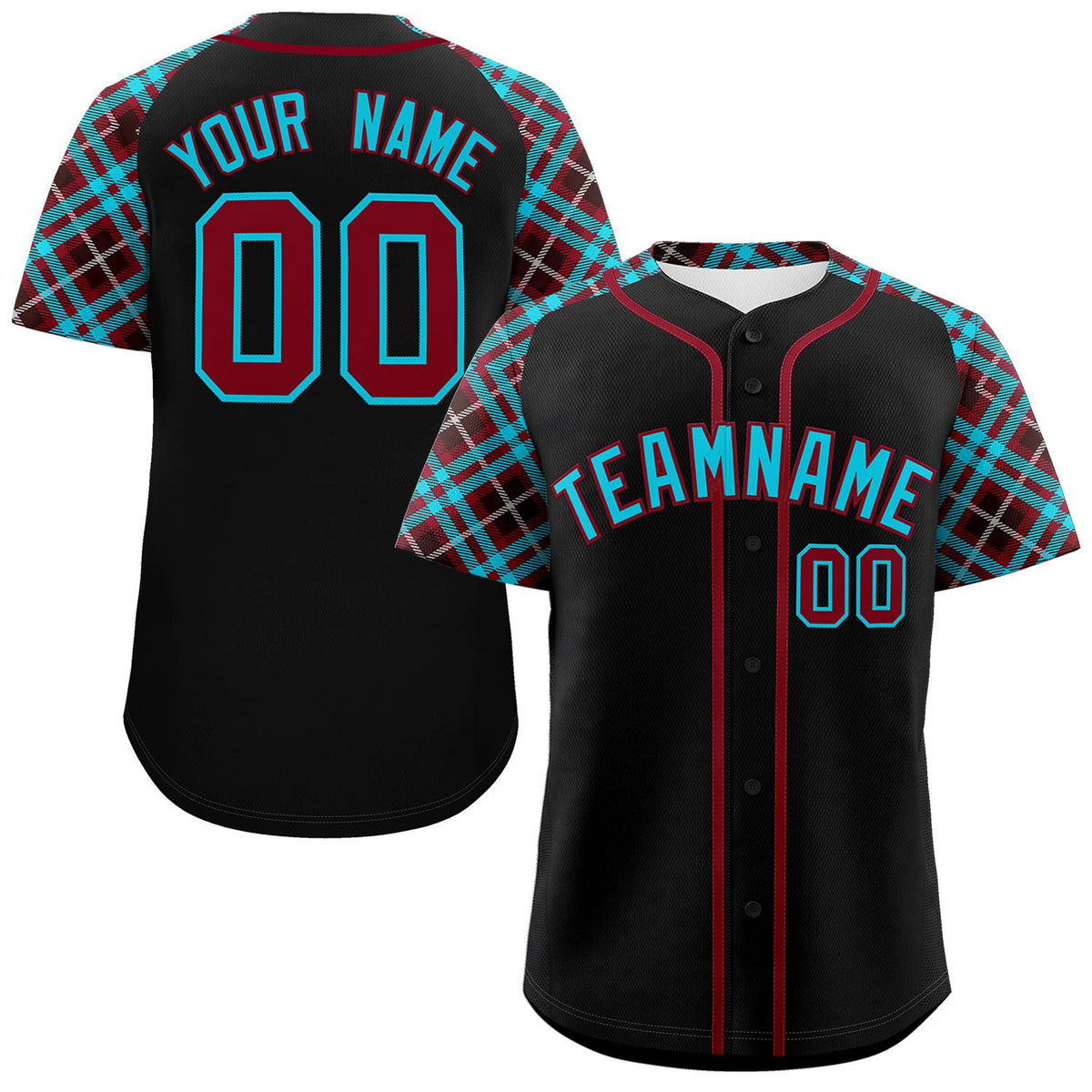 Custom Black Sky Blue-Crimson Personalized Raglan Sleeves Authentic Baseball Jersey | KXKSHOP