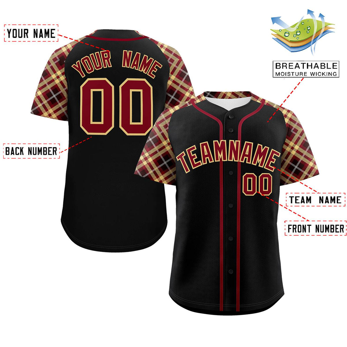 Custom Black Crimson-Old Gold Personalized Raglan Sleeves Authentic Baseball Jersey | KXKSHOP